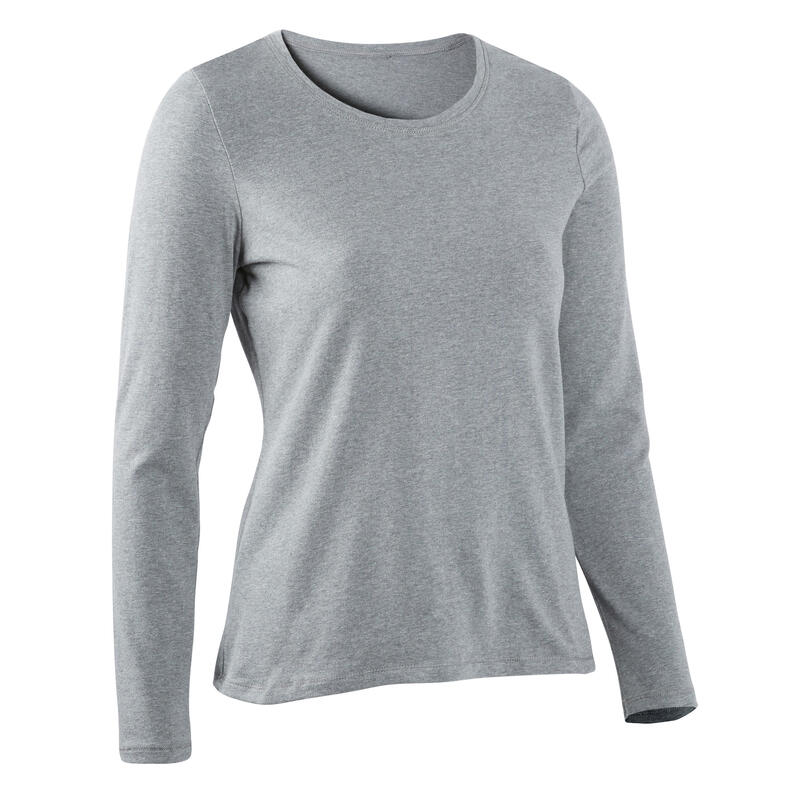 T-shirt fitness manches longues slim coton col rond femme gris