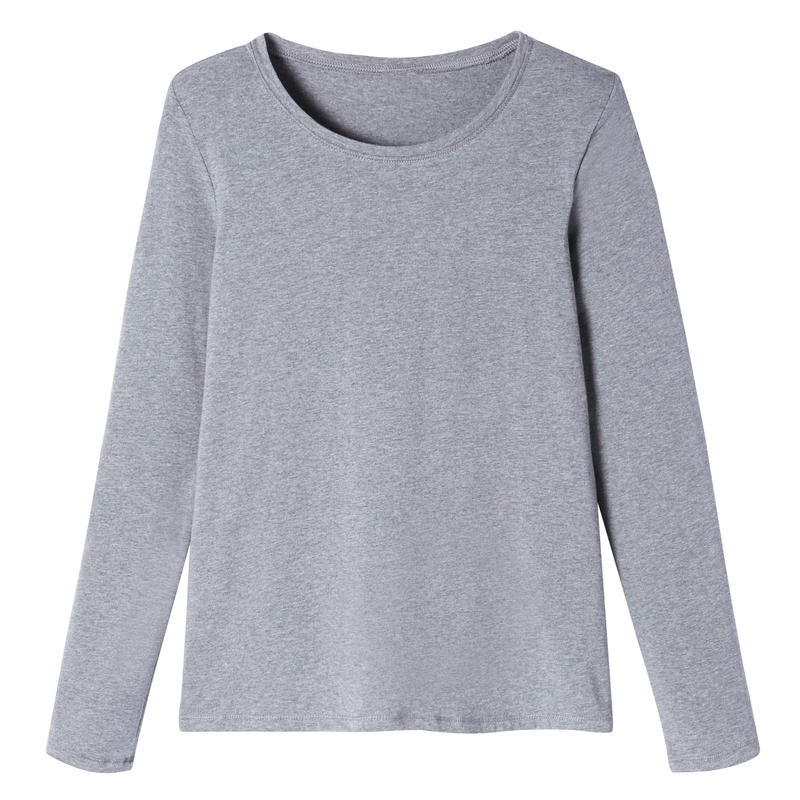 Long-Sleeved Fitness Cotton T-Shirt - Mottled Grey