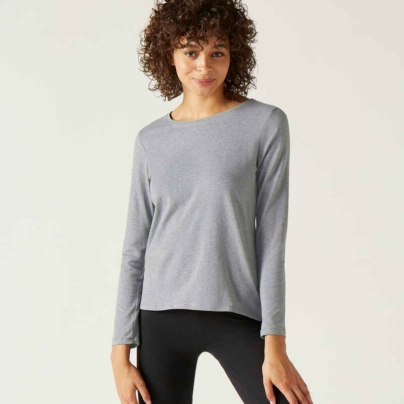 Langarmshirt aus Baumwolle Fitness grau meliert Langarmshirt aus Baumwolle Fitness grau meliert