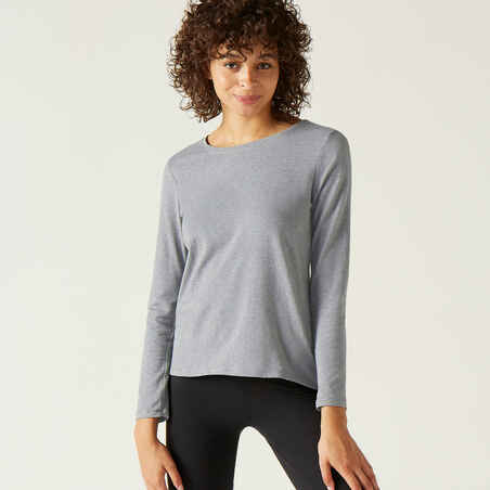 Women's Long-Sleeved Fitted-Cut Crew Neck Cotton Fitness T-Shirt 100 - Mottled Grey