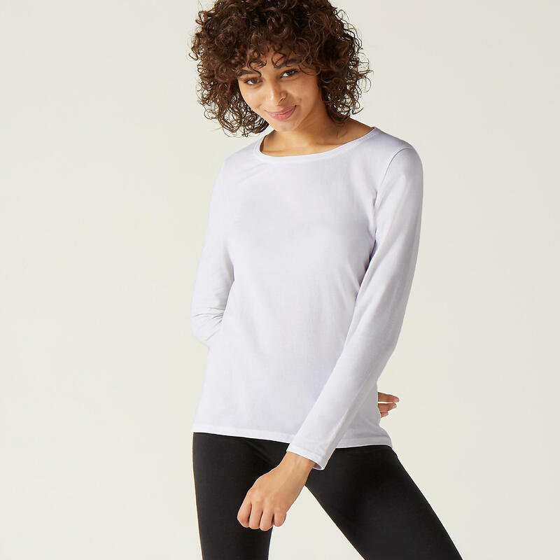 T-Shirt Manches Longues Coton Fitness Blanc