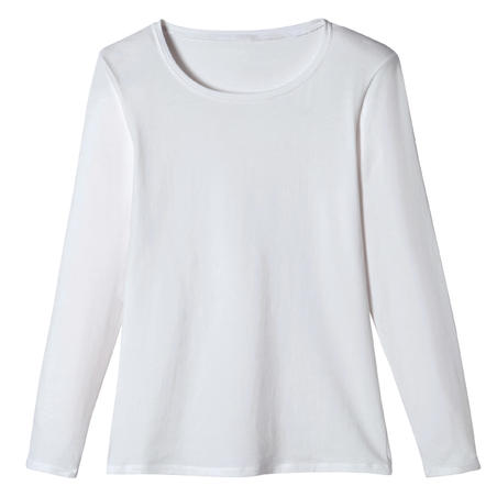 T-shirt fitness Basic manches longues slim coton col rond femme blanc glacier