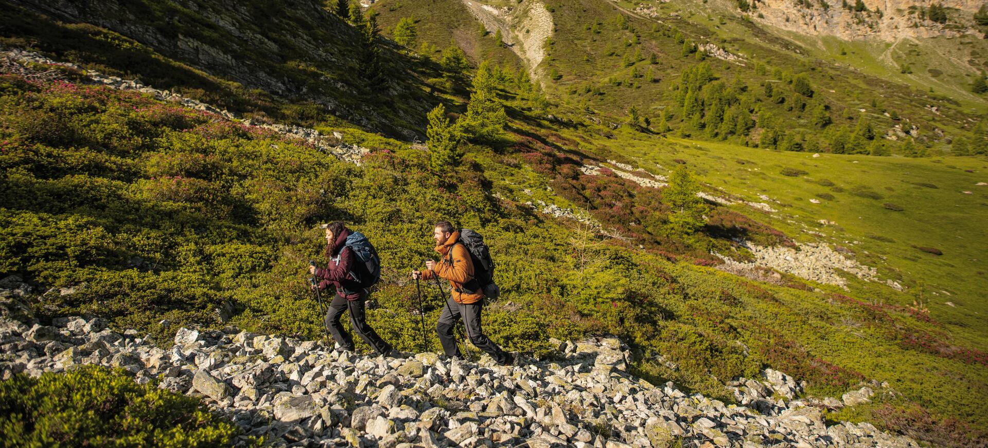 kobieta i mężczyzna wędrujący po górach z kijami trekkingowymi
