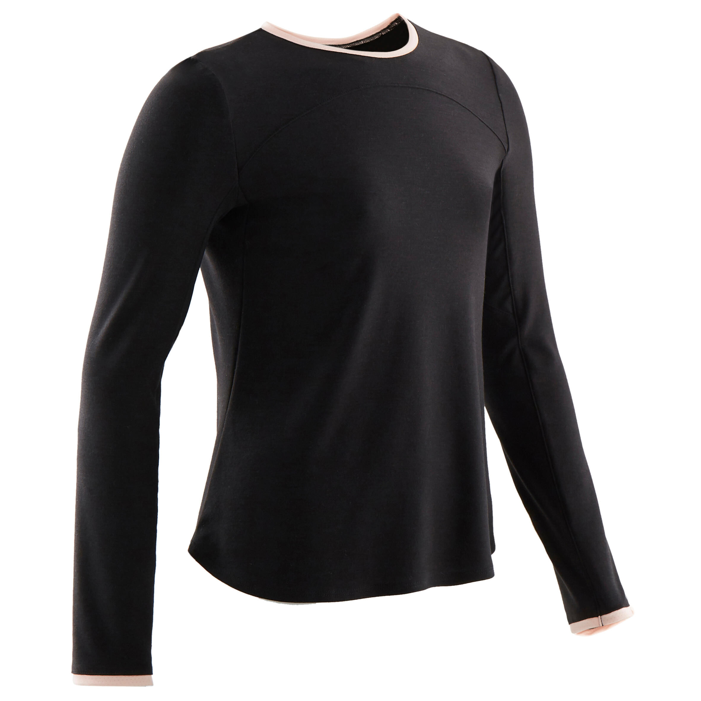 DOMYOS Kids' Long-Sleeved Breathable Cotton Gym T-Shirt 500 - Black/Pink