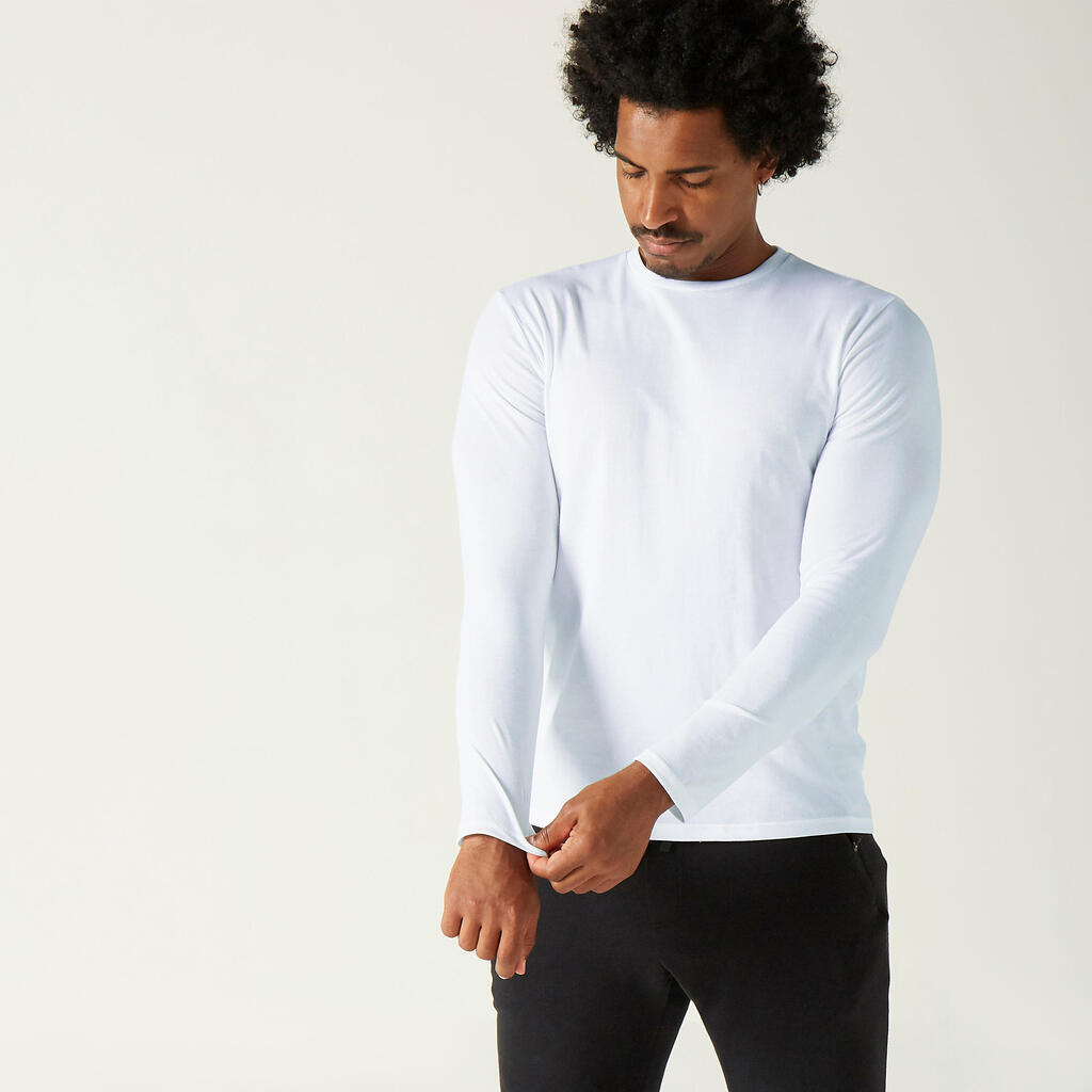 Men's Long-Sleeved Straight-Cut Crew Neck Cotton Fitness T-Shirt 100 - Glacier White