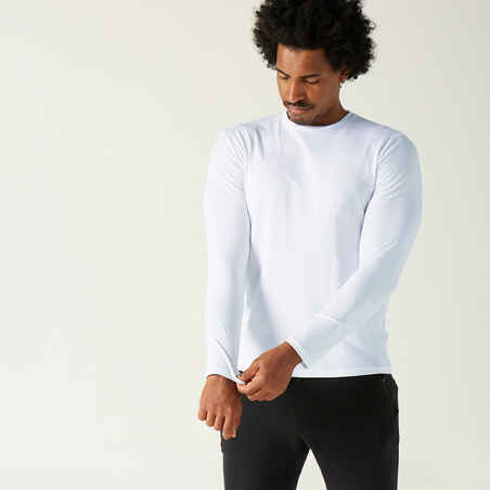 Men's Long-Sleeved Straight-Cut Crew Neck Cotton Fitness T-Shirt 100 - Glacier White