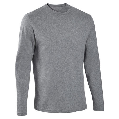 T-shirt fitness manches longues slim coton col rond homme gris chiné -  Decathlon