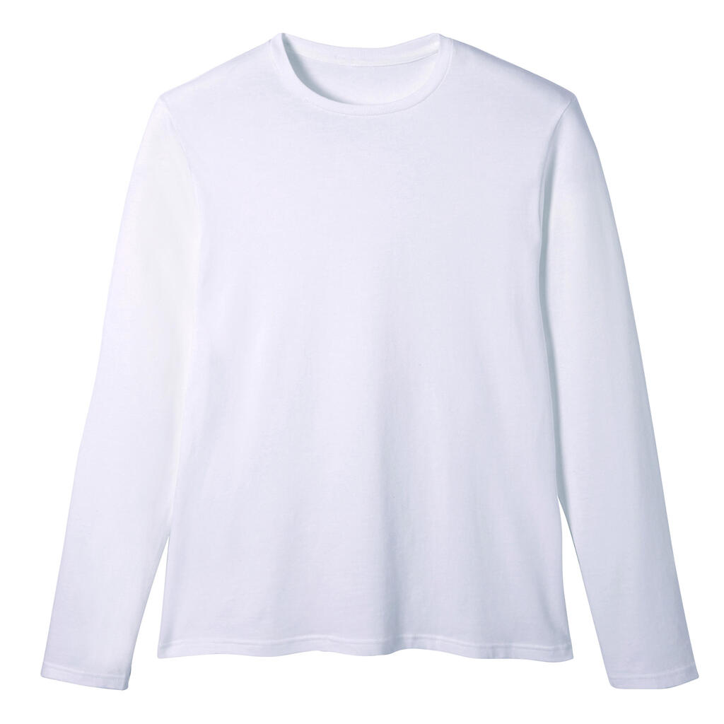 Men's Long-Sleeved Straight-Cut Crew Neck Cotton Fitness T-Shirt 100 - Glacier White