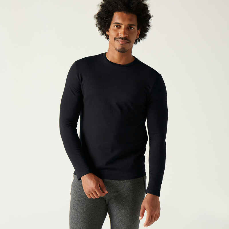 Men's Long-Sleeved Straight-Cut Crew Neck Cotton Fitness T-Shirt 100 - Black