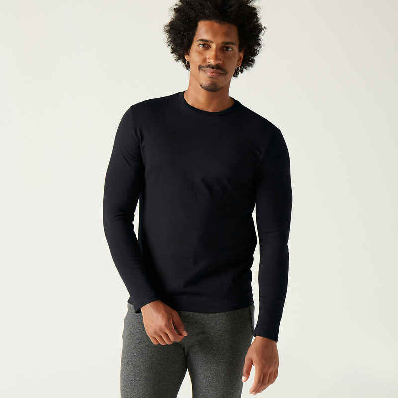 T-shirt fitness manches longues slim coton col rond homme noir