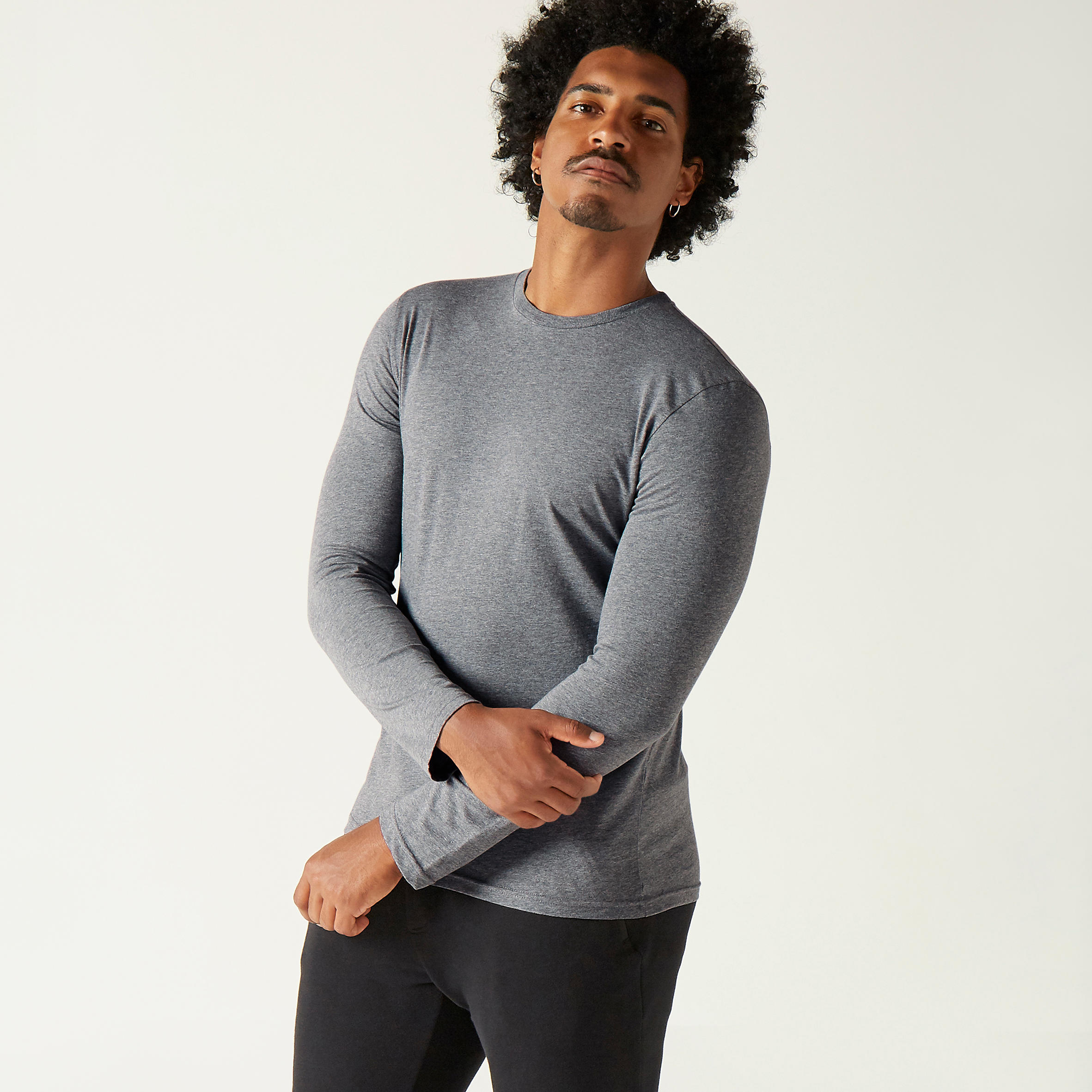Long-Sleeved Fitness Cotton T-Shirt - Mottled Grey 1/6