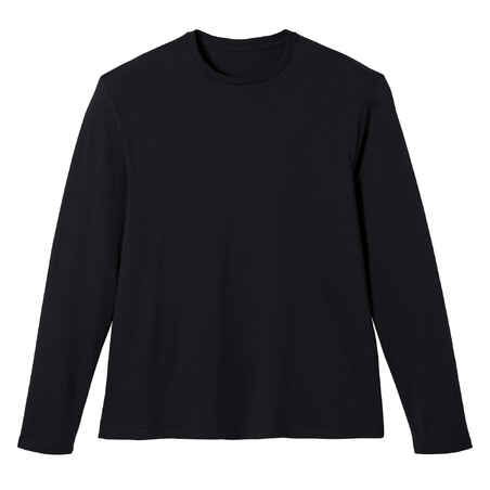 Men's Long-Sleeved Straight-Cut Crew Neck Cotton Fitness T-Shirt 100 - Black