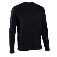 Men's Long-Sleeved Straight-Cut Crew Neck Cotton Fitness T-Shirt 100 - Black