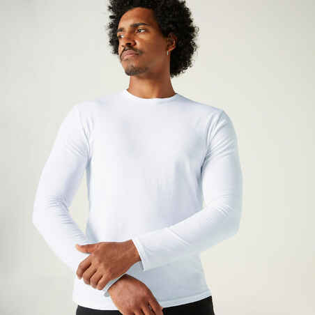 Men's Long-Sleeved Straight-Cut Crew Neck Cotton Fitness T-Shirt 100 - Glacier White