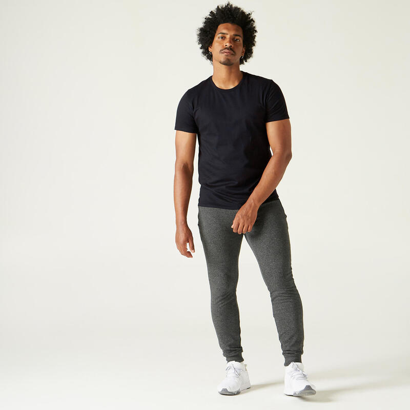 T-shirt fitness manches courtes droit col rond coton homme - Sportee noir