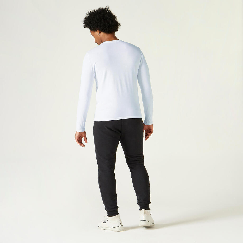 Men's Long-Sleeved Straight-Cut Crew Neck Cotton Fitness T-Shirt 100 - Glacier White