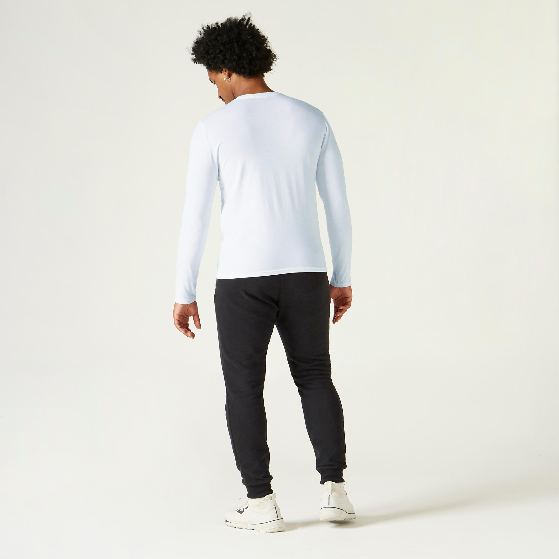 Men's Long-Sleeved Straight-Cut Crew Neck Cotton Fitness T-Shirt 100 - Glacier White 3/5