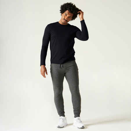 Men's Long-Sleeved Straight-Cut Crew Neck Cotton Fitness T-Shirt 100 - Black