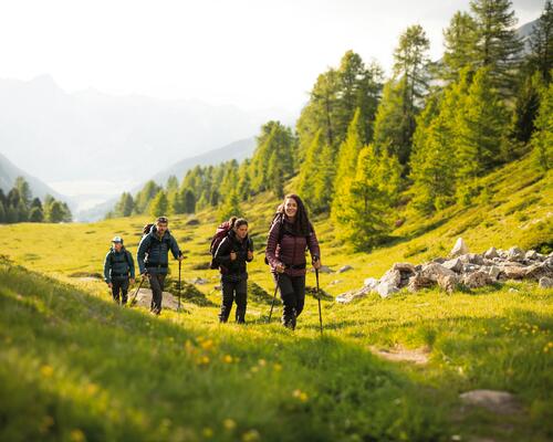 Photo représentant 4 personnes sur un chemin de randonnée en montagne