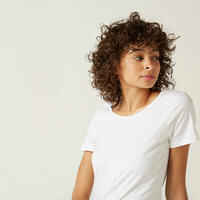 Women's Short-Sleeved Straight-Cut Crew Neck Cotton Fitness T-Shirt 100 - White
