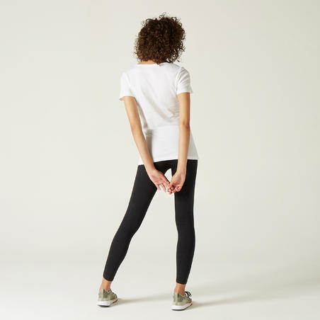 T-shirt fitness manches courtes droit col rond coton femme Blanc