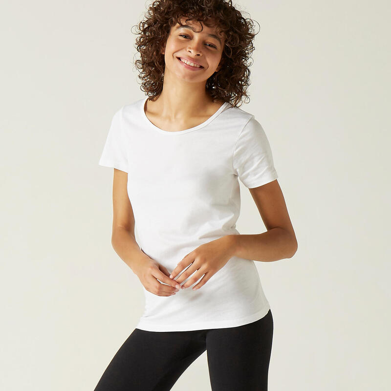 T-shirt fitness manches courtes droit col rond coton femme - 100 Blanc