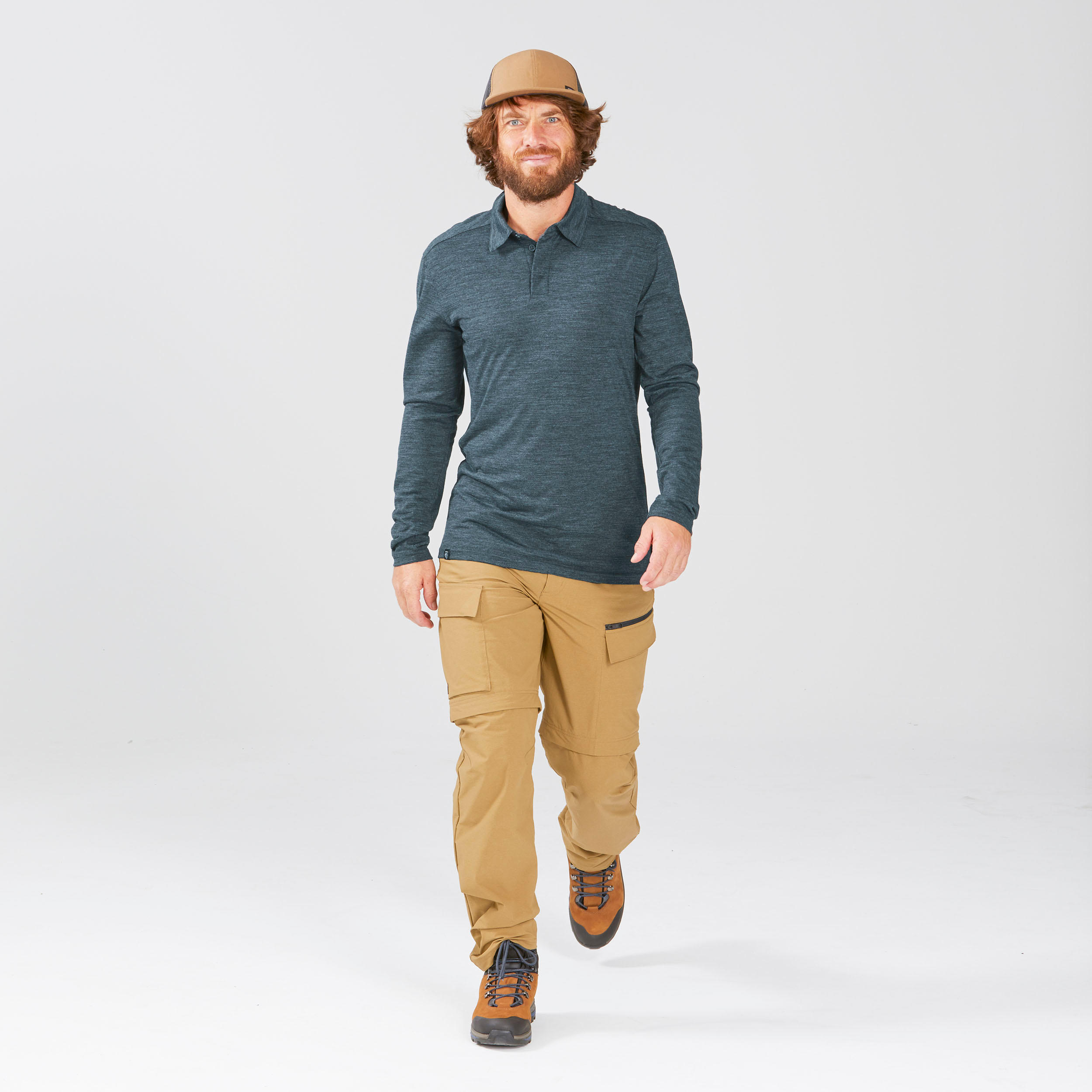 Men’s Long-sleeved Travel Trekking Merino Wool Polo Shirt - TRAVEL 500 Blue 2/10