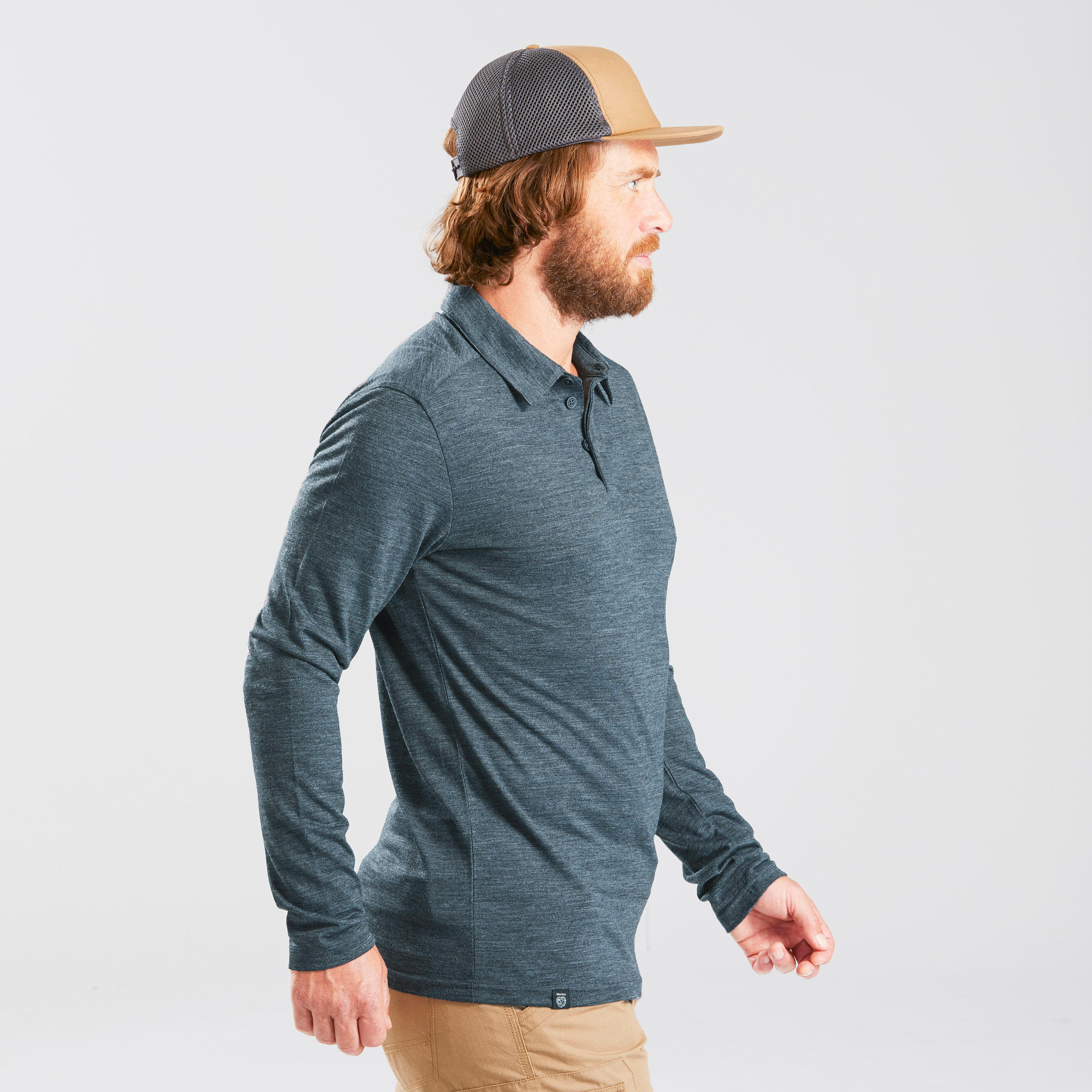 Men’s Long-sleeved Travel Trekking Merino Wool Polo Shirt - TRAVEL 500 Blue 5/10