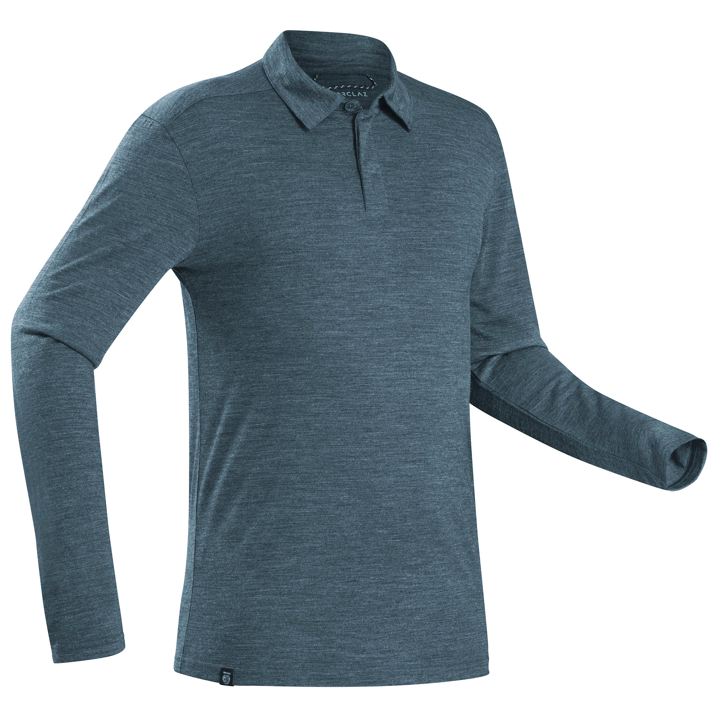 Men’s Long-sleeved Travel Trekking Merino Wool Polo Shirt - TRAVEL 500 Blue 1/10