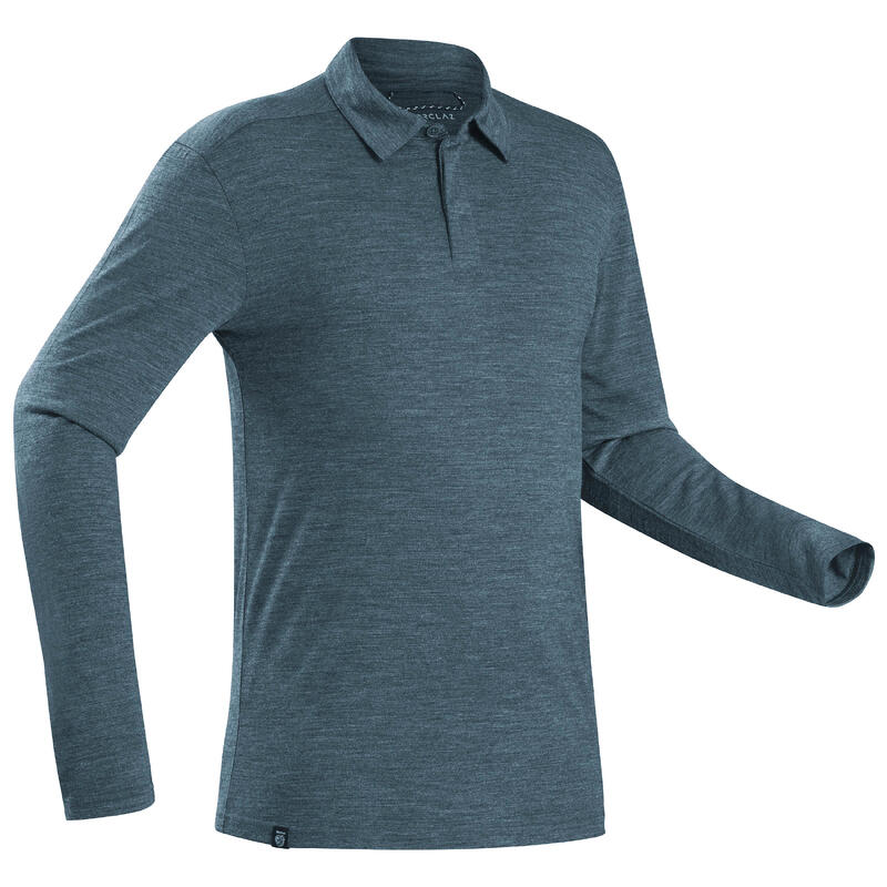 Polo laine mérinos de trek voyage - TRAVEL 500 manches longues bleu homme