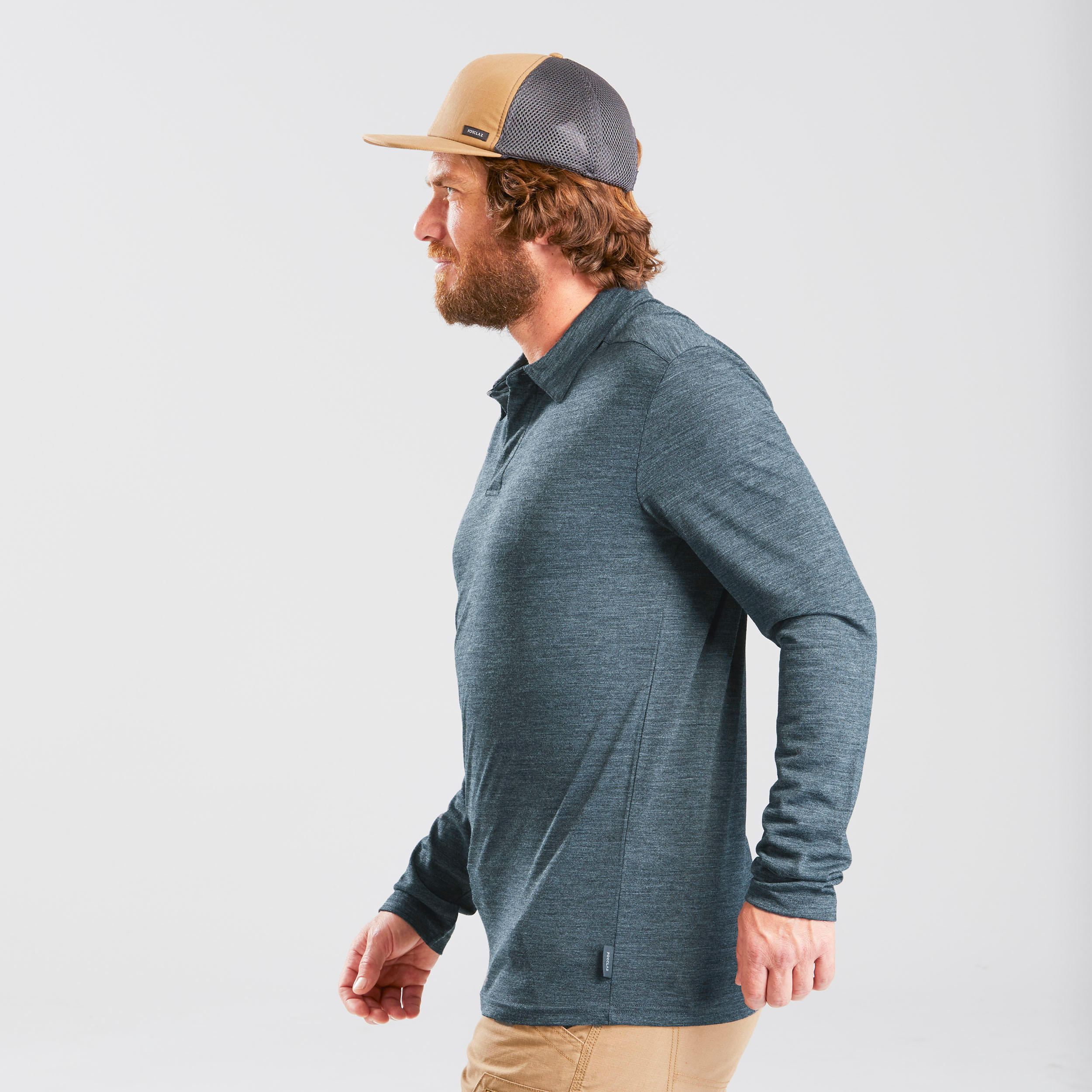Men’s Long-sleeved Travel Trekking Merino Wool Polo Shirt - TRAVEL 500 Blue 7/10