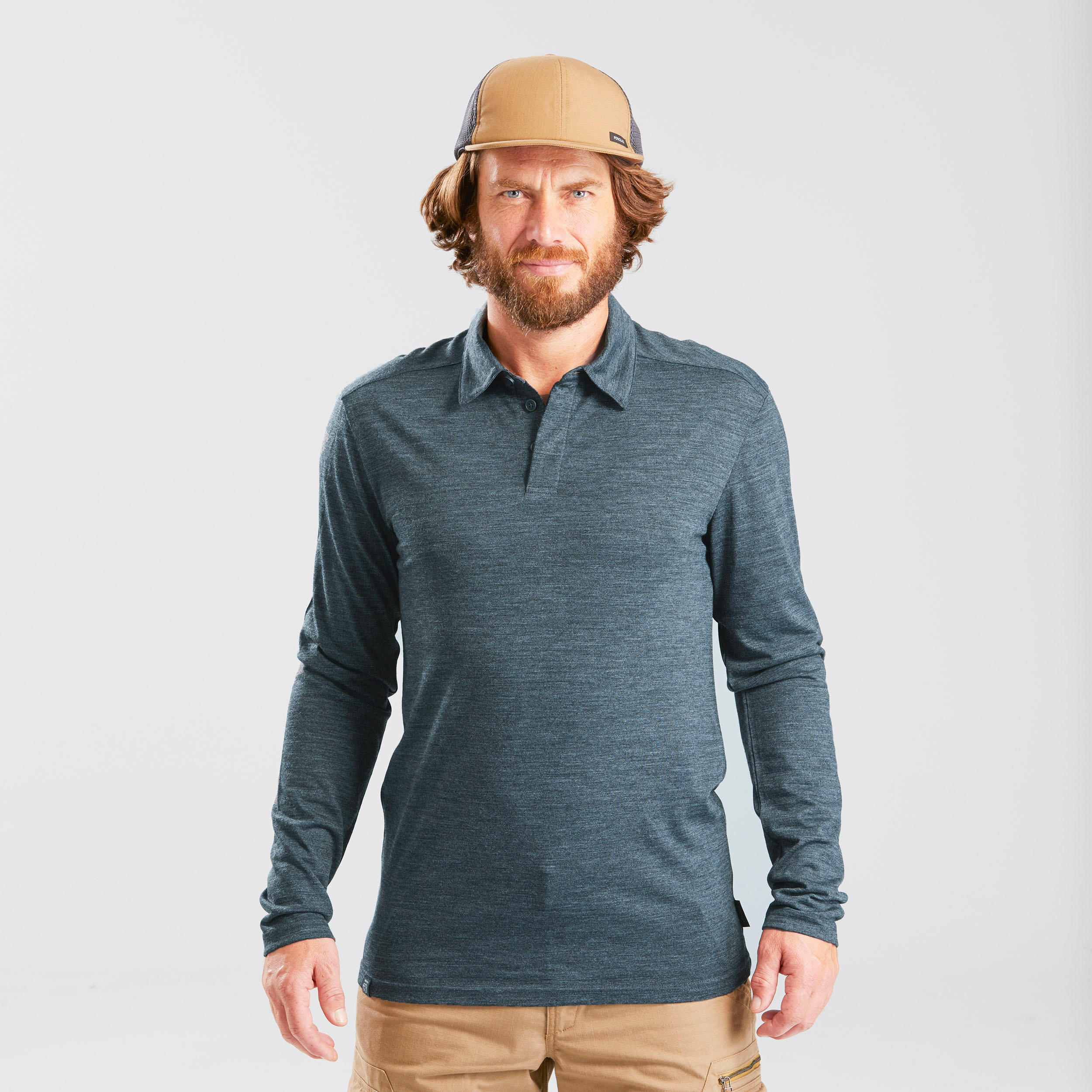 Men’s Long-sleeved Travel Trekking Merino Wool Polo Shirt - TRAVEL 500 Blue 4/10