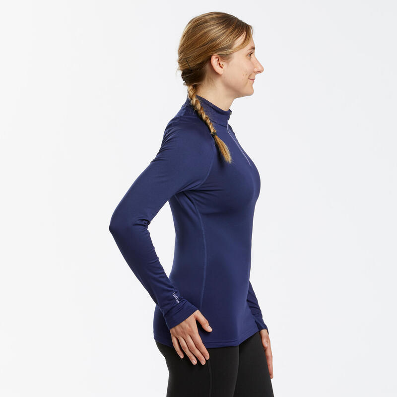 Thermoshirt voor skiën voor dames BL 500 halve rits marineblauw