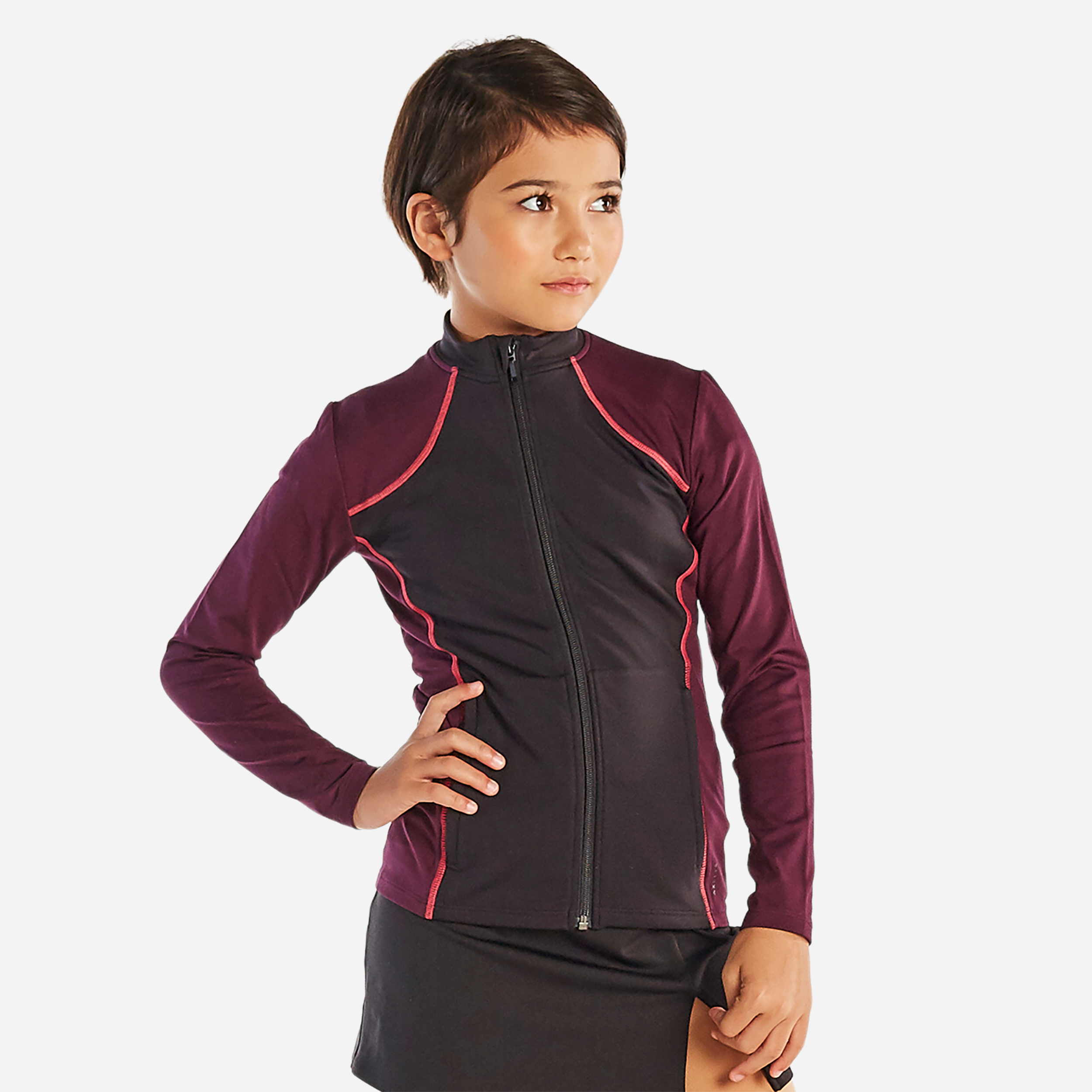VESTE ENTRAINEMENT PATINAGE ARTISTIQUE JUNIOR NOIRE ET PRUNE pour les clubs et collectivites Decathlon Pro