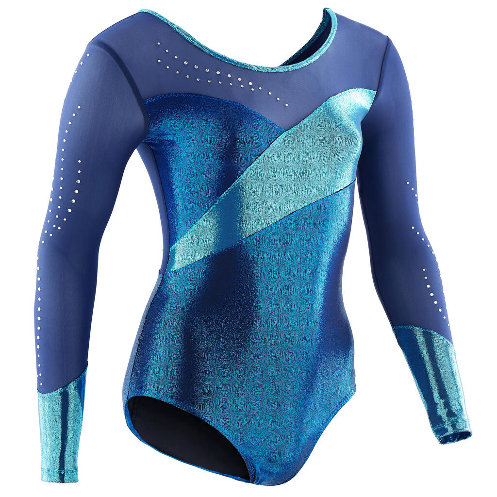 Girls' Long-Sleeved Gymnastics Leotard - Blue and Turquoise