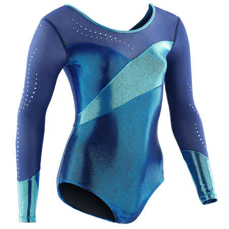 Girls' Long-Sleeved Gymnastics Leotard - Blue and Turquoise