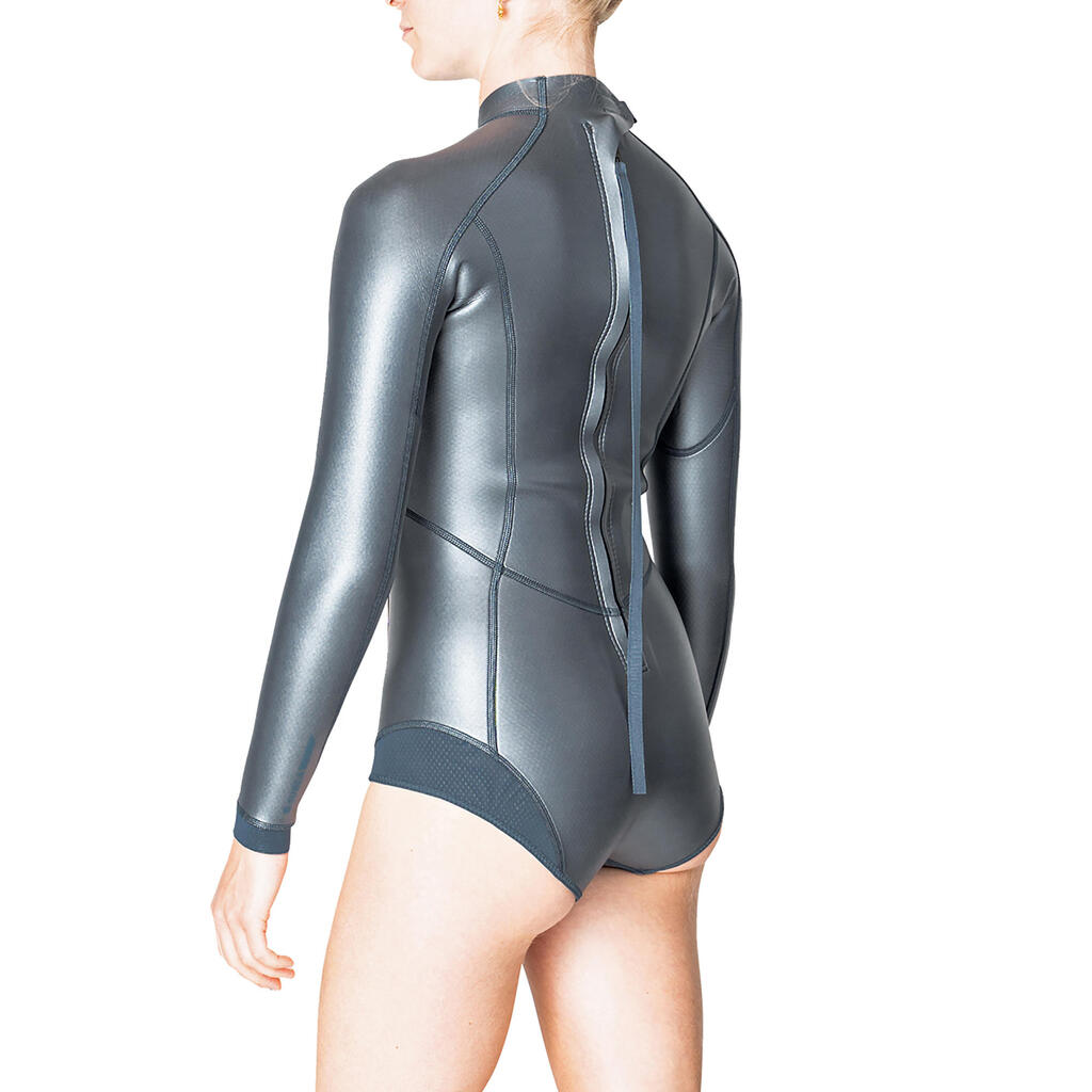 Neopren Shorty Freediving Langarm Damen 500 Glide Skin grau/metallic