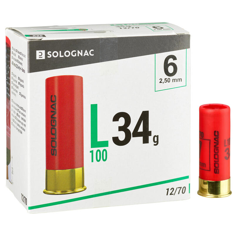 CARTUCHO caza solognac L100 34 g CALIBRE 12/70 PERDIGÓN N.° 6 X25