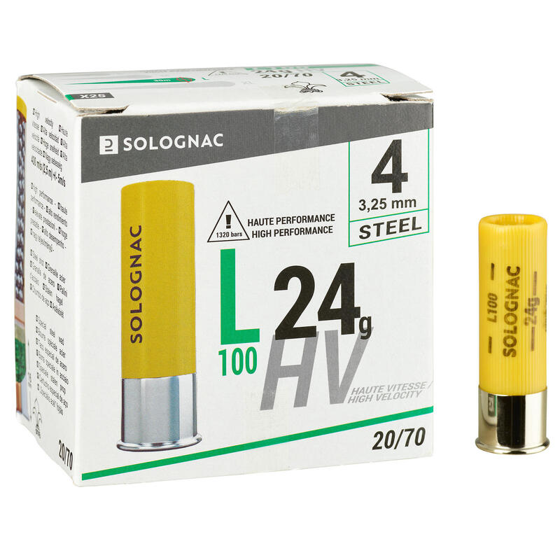CARTOUCHE L100 24G HAUTE PRESSION CALIBRE 20/70 BILLE ACIER N°4X25