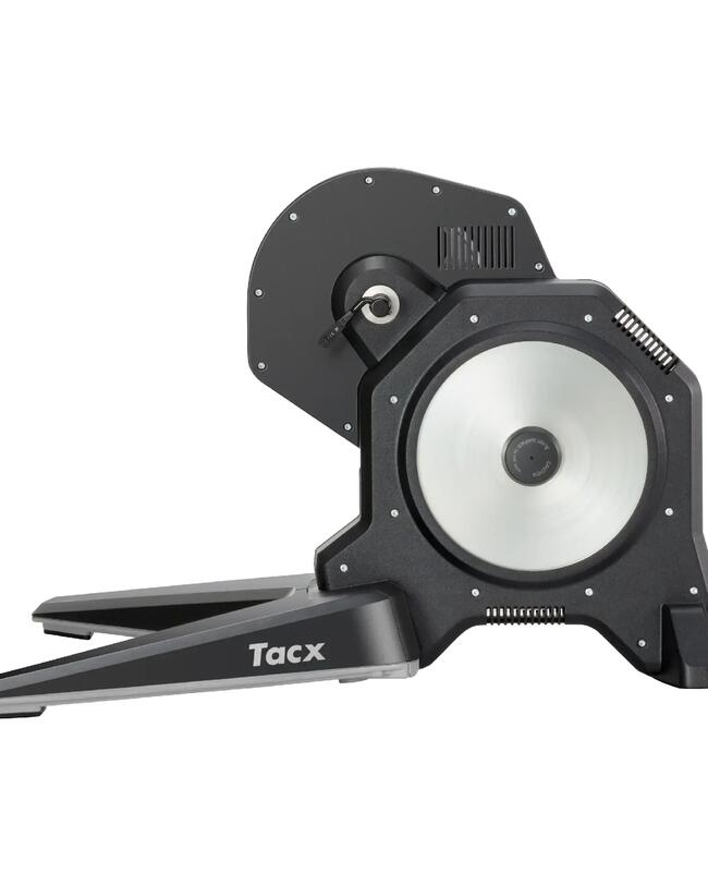 Schwarzer Rollentrainer mit silbernen Details; Aufschrift "Tacx"