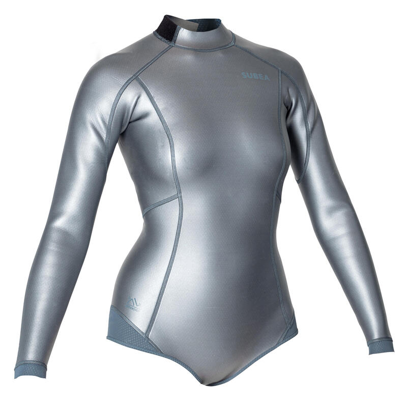 女款1.5 mm氯丁橡膠（neoprene）滑面自由潛水上衣FRD 500－灰色