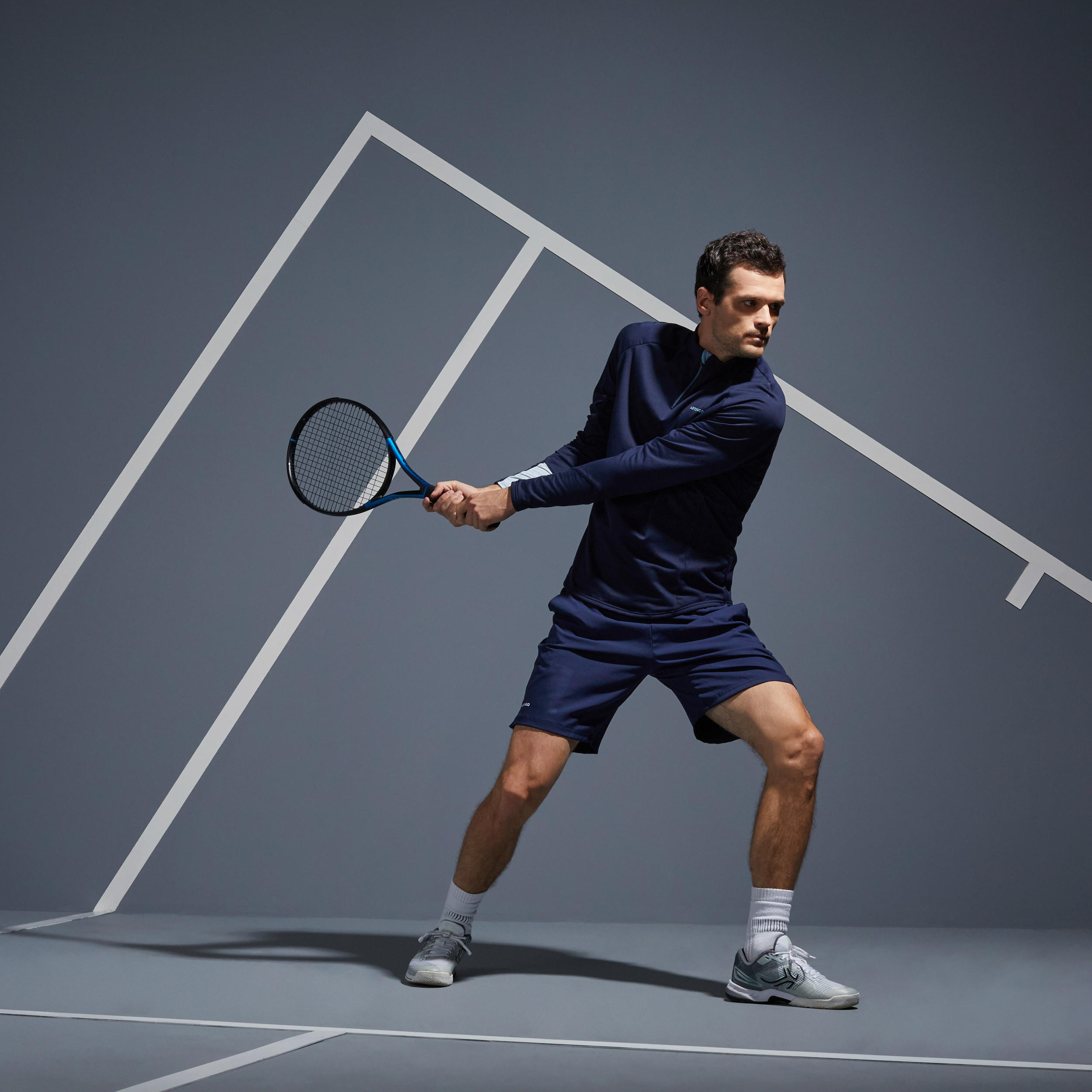 Men's Half-Zip Long-Sleeved Thermal Tennis Sweatshirt - Navy Blue 6/8