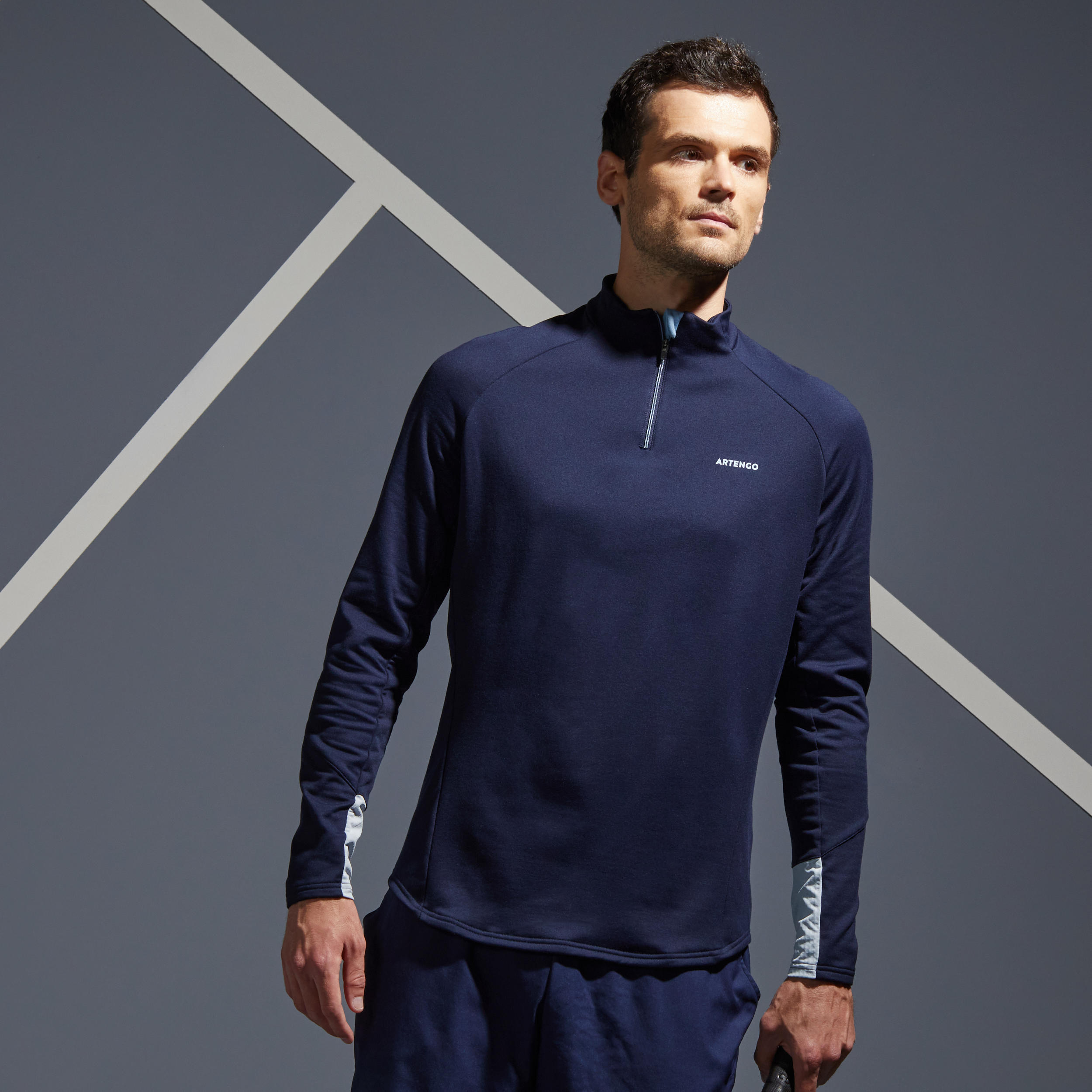 ARTENGO Men's Half-Zip Long-Sleeved Thermal Tennis Sweatshirt - Navy Blue