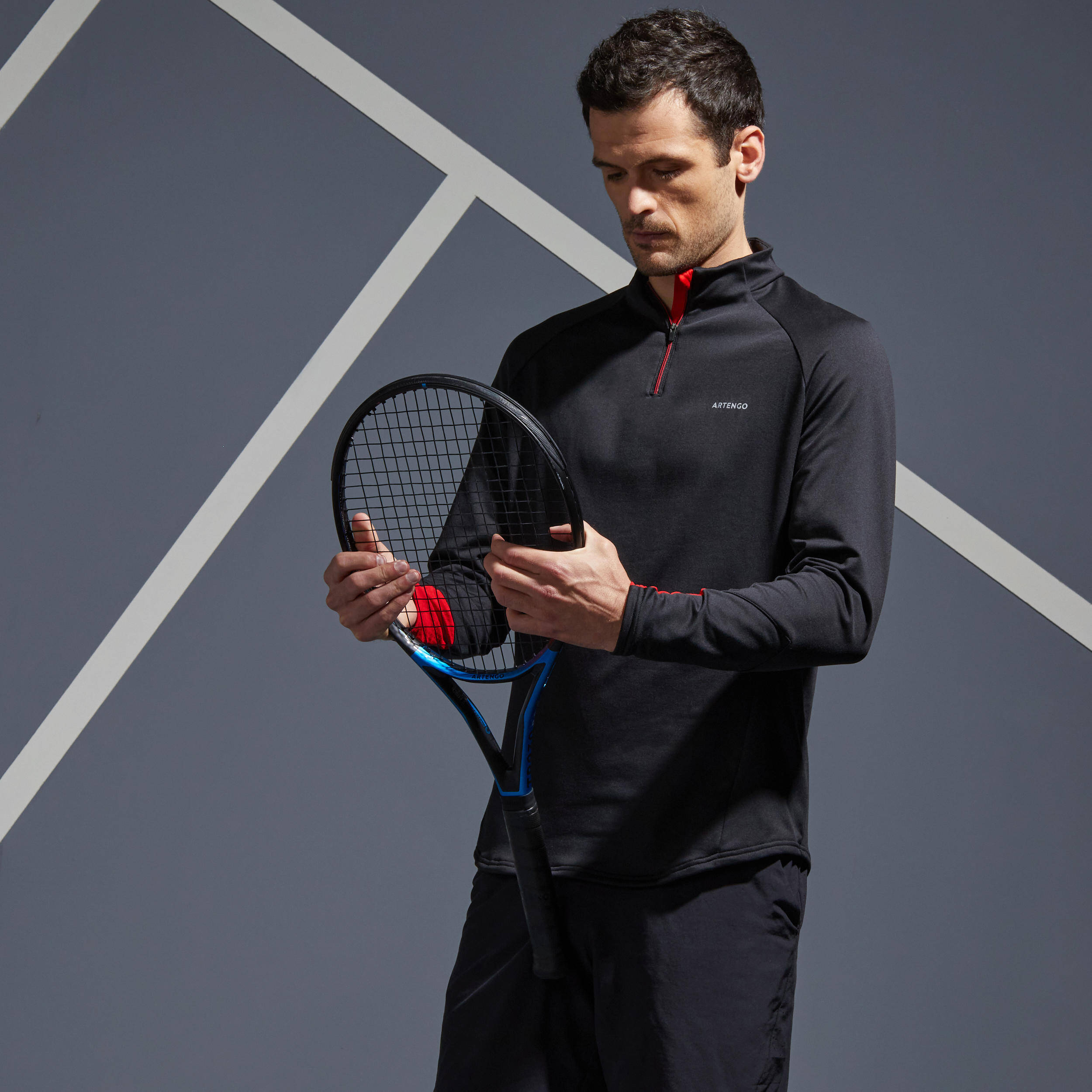 Men Tennis Long-Sleeved Warm 1/2 Zip Top - Black/Red