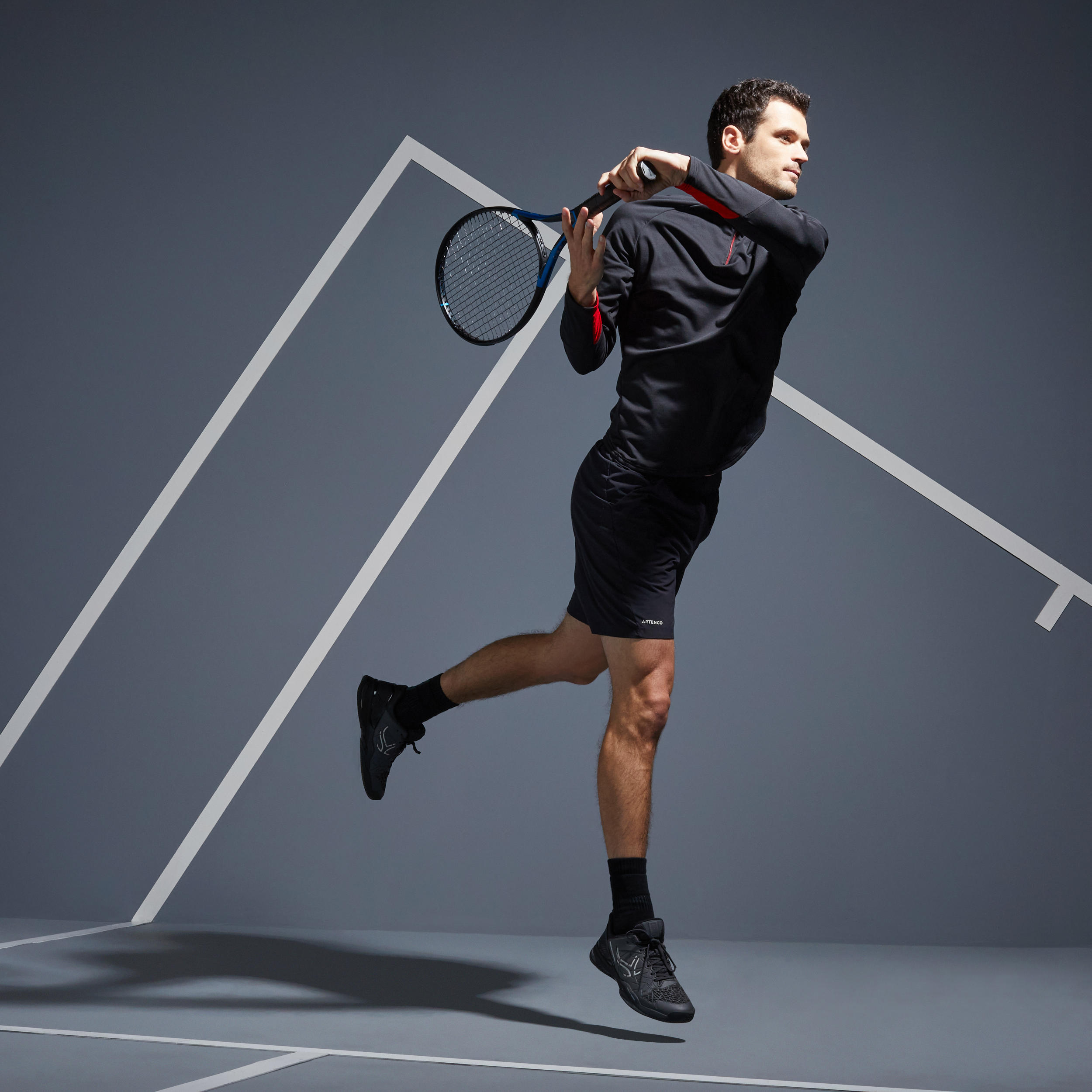 Men Tennis Long-Sleeved Warm 1/2 Zip Top - Black/Red