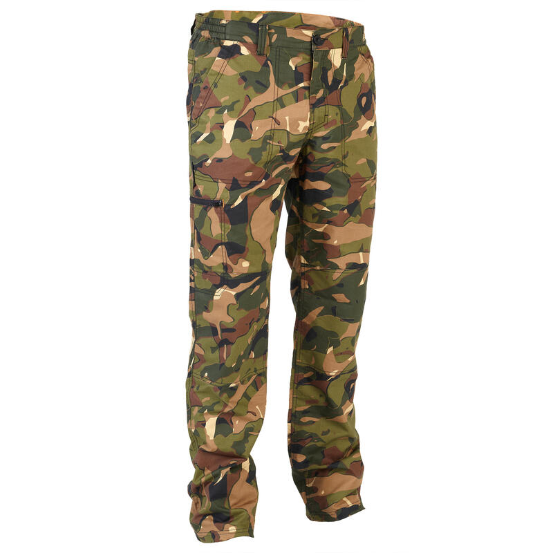 Pantalón Caza Solognac 100 Adulto Verde Marrón Camuflaje Woodland V1 Ligero