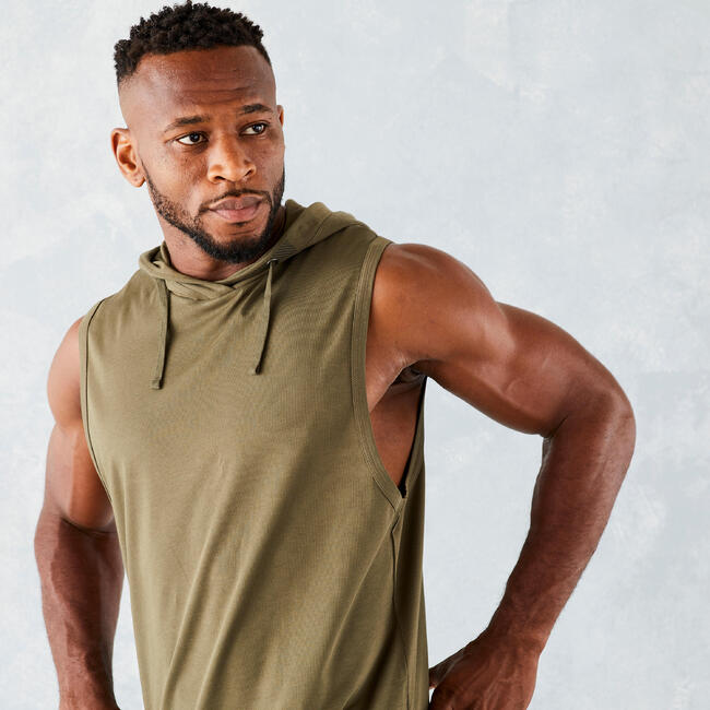 Weight Training Sleeveless Hooded TShirt Khaki
