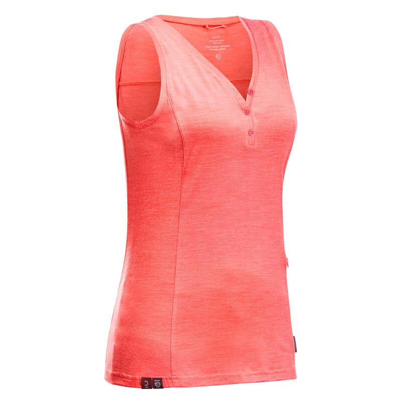 Débardeur laine mérinos de trek voyage - TRAVEL 500 corail femme