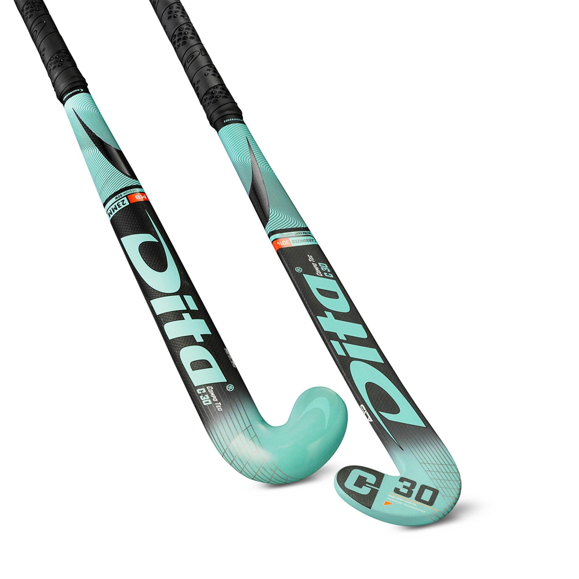 Kids' Field Hockey 30% Carbon Mid Bow Stick CompoTec C30 - Mint/Black 4/5