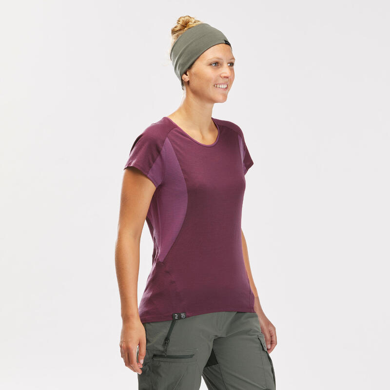 Camiseta de montaña y trekking manga corta lana merino Mujer MT500 violeta